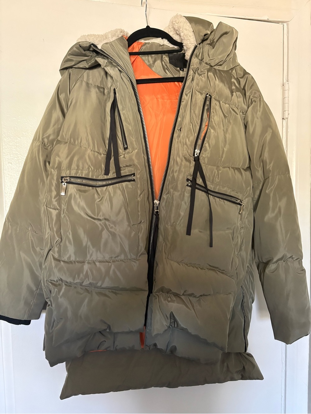 Olive Green Puffer Jacket with Orange Lining